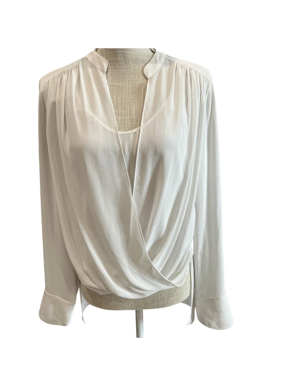 BCBG Max Azria White Long Sleeve Draped Blouse Size M